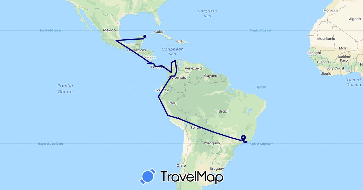 TravelMap itinerary: driving in Brazil, Colombia, Costa Rica, Mexico, Panama, Peru (North America, South America)